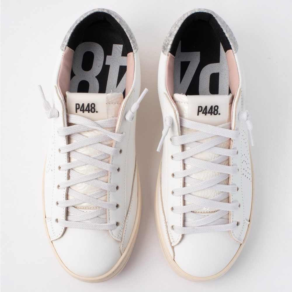 P448 John Silver White Sneakers with Pink Soles & Gray Laces - Size 37 - Picture 2 of 16